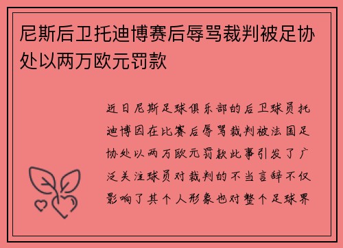 尼斯后卫托迪博赛后辱骂裁判被足协处以两万欧元罚款